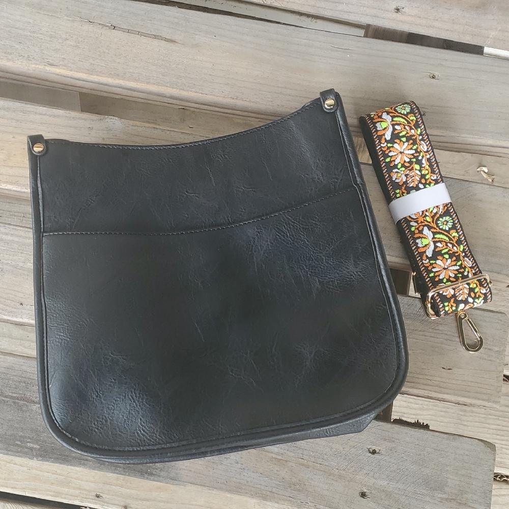 Black NWOT Faux Leather Bag with Floral Strap